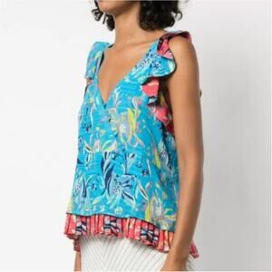 Tanya Taylor Mila Silk Sleeveless Tank Top in Botanical Blue Floral